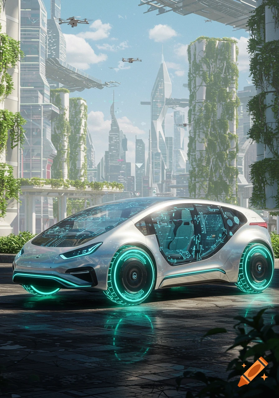 A sleek silver futuristic car with glowing blue wheels and circuit patterns, parked on a street in a vibrant green cityscape with drones flying.