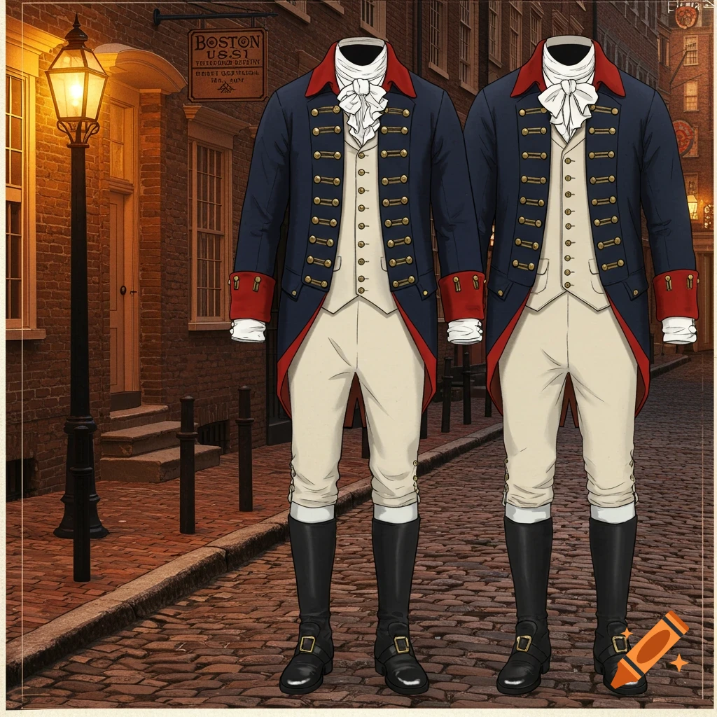 Two headless Revolutionary War-era uniforms, blue coats with red and gold trim, on a cobblestone street.