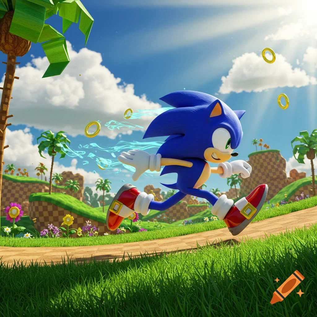 Sonic the Hedgehog runs through a vibrant, grassy landscape with gold rings and palm trees under a sunny blue sky.
