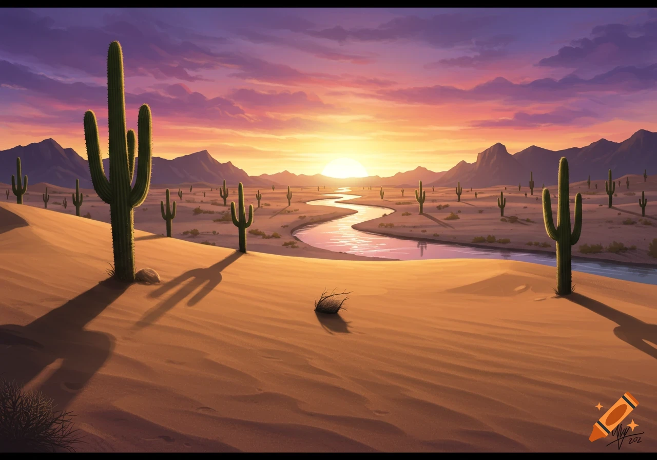 Stylized illustration of a desert landscape with saguaro cacti, a winding river, and mountains under a vibrant sunset.