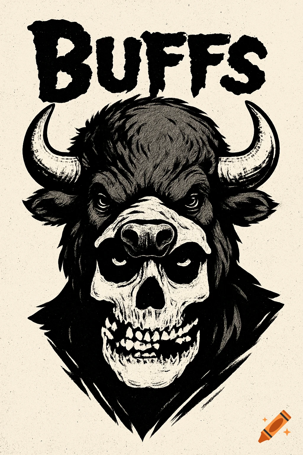 A black and white graphic design featuring a buffalo head with a skull face and the word "BUFFS" in a stylized font above it.