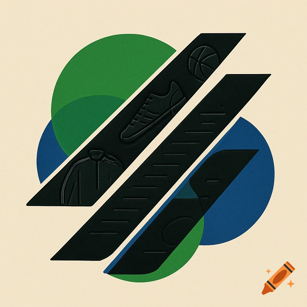 Abstract logo with embossed jacket, sneaker, and basketball on dark diagonal stripes, overlapping green and blue circles on a beige background.