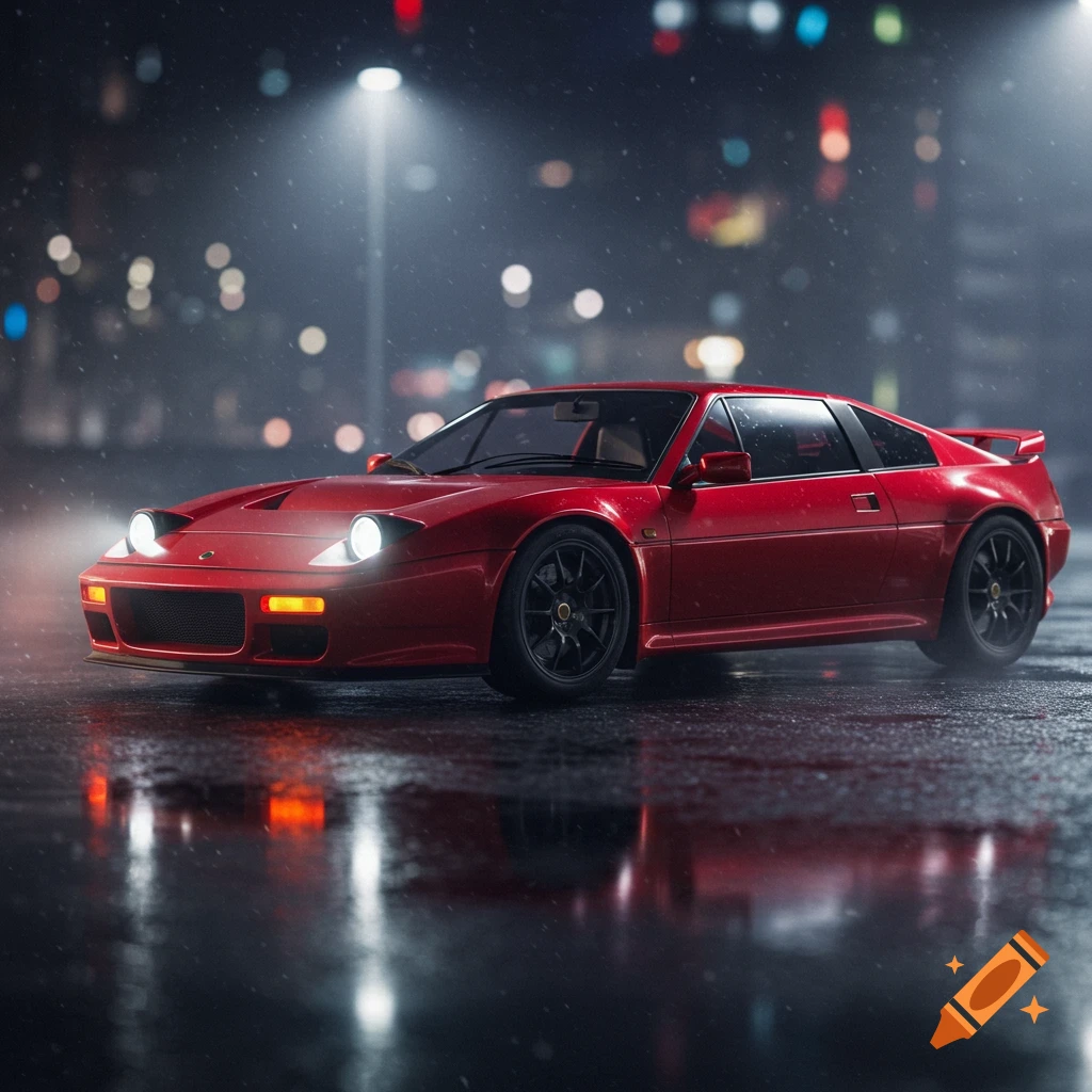 A sleek red sports car, a Lotus Eclat, parked on a wet city street at night, illuminated by streetlights and city lights.