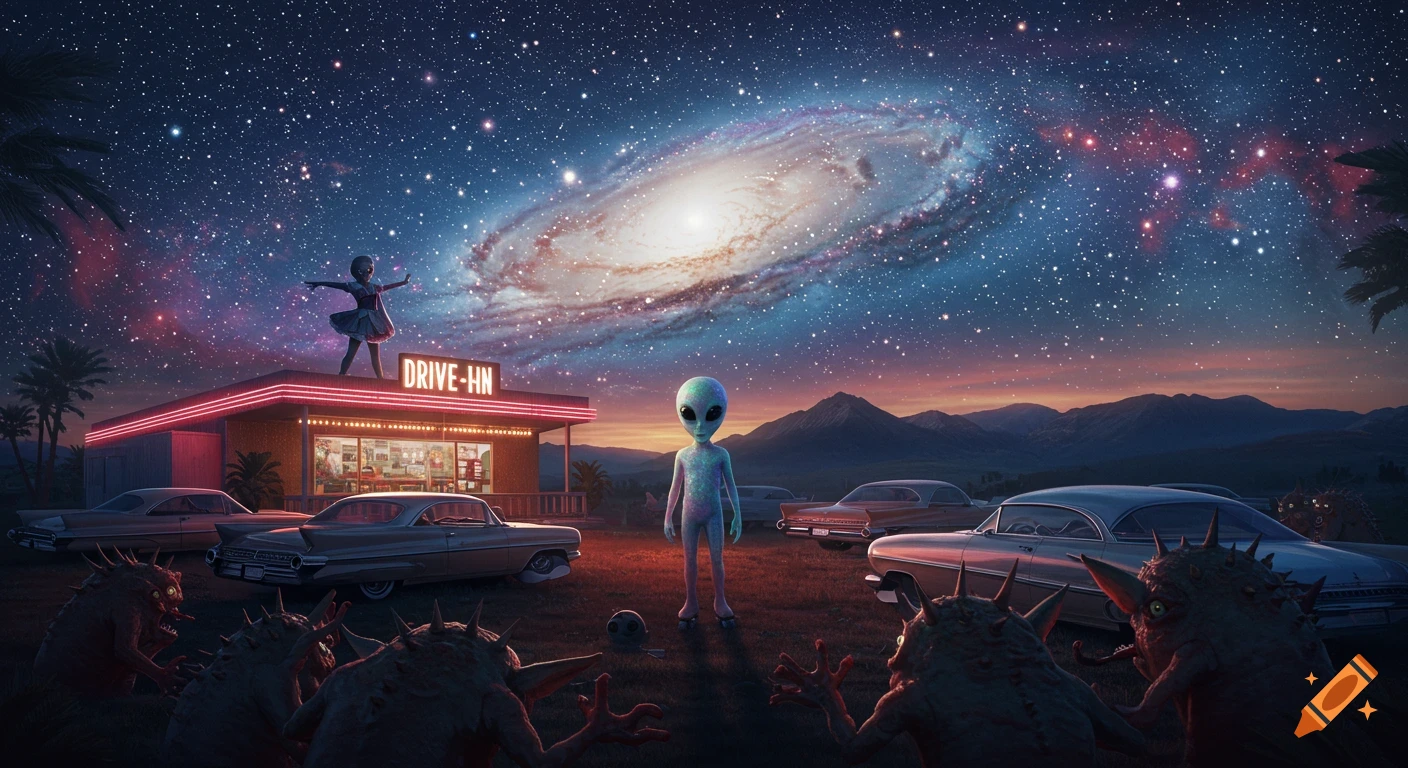 A cosmic drive-in movie scene under a starry galaxy sky, with an alien, retro cars, small monsters, and a girl on the roof.