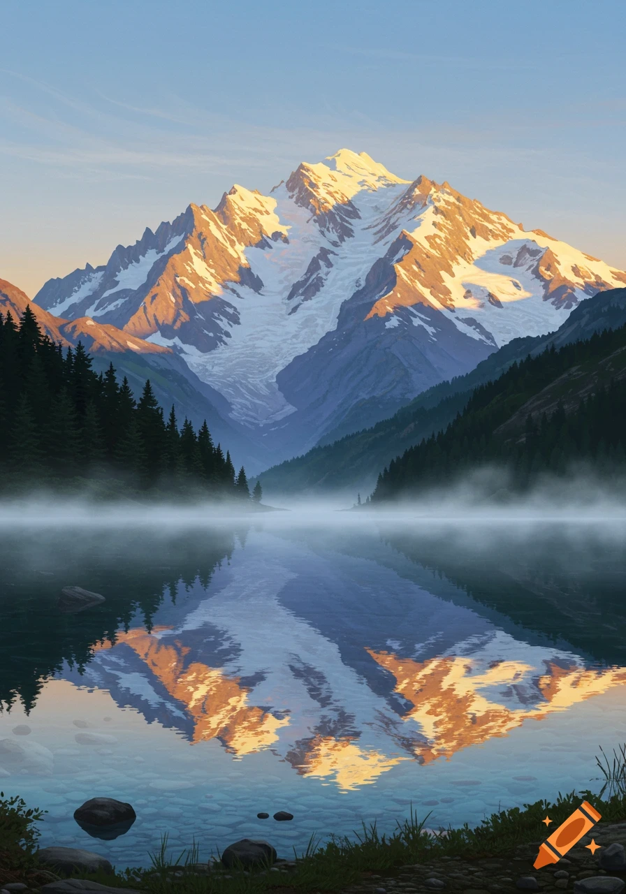 Majestic snow-capped mountain reflecting in a misty, calm lake surrounded by pine trees at sunrise.