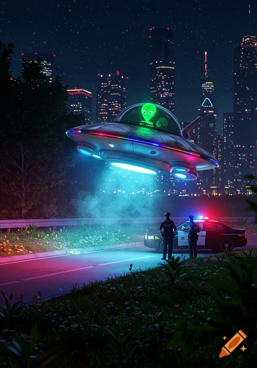 A bright green alien in a colorful UFO hovers over a road at night, observed by two police officers next to their patrol car. City skyline in background.