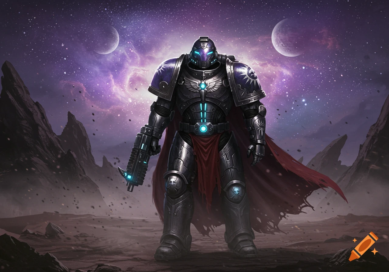 Heavily armored space marine stands on a rocky alien planet under a vibrant purple galaxy with two moons.