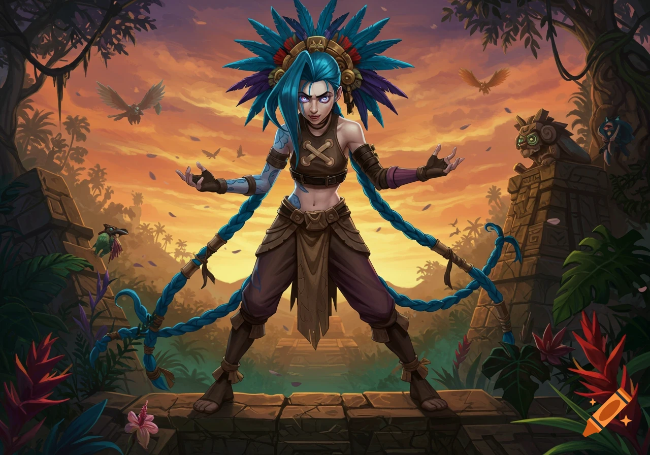 Jinx from League of Legends in a tribal outfit stands confidently in a jungle with ancient ruins at sunset, illustration.