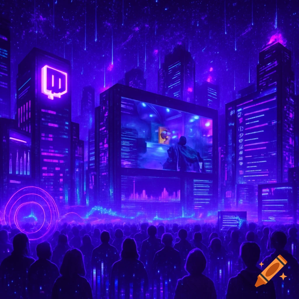 A futuristic cyberpunk cityscape at night with neon purple and blue lights, a large crowd watching a big screen, and a glowing Twitch logo on a building.