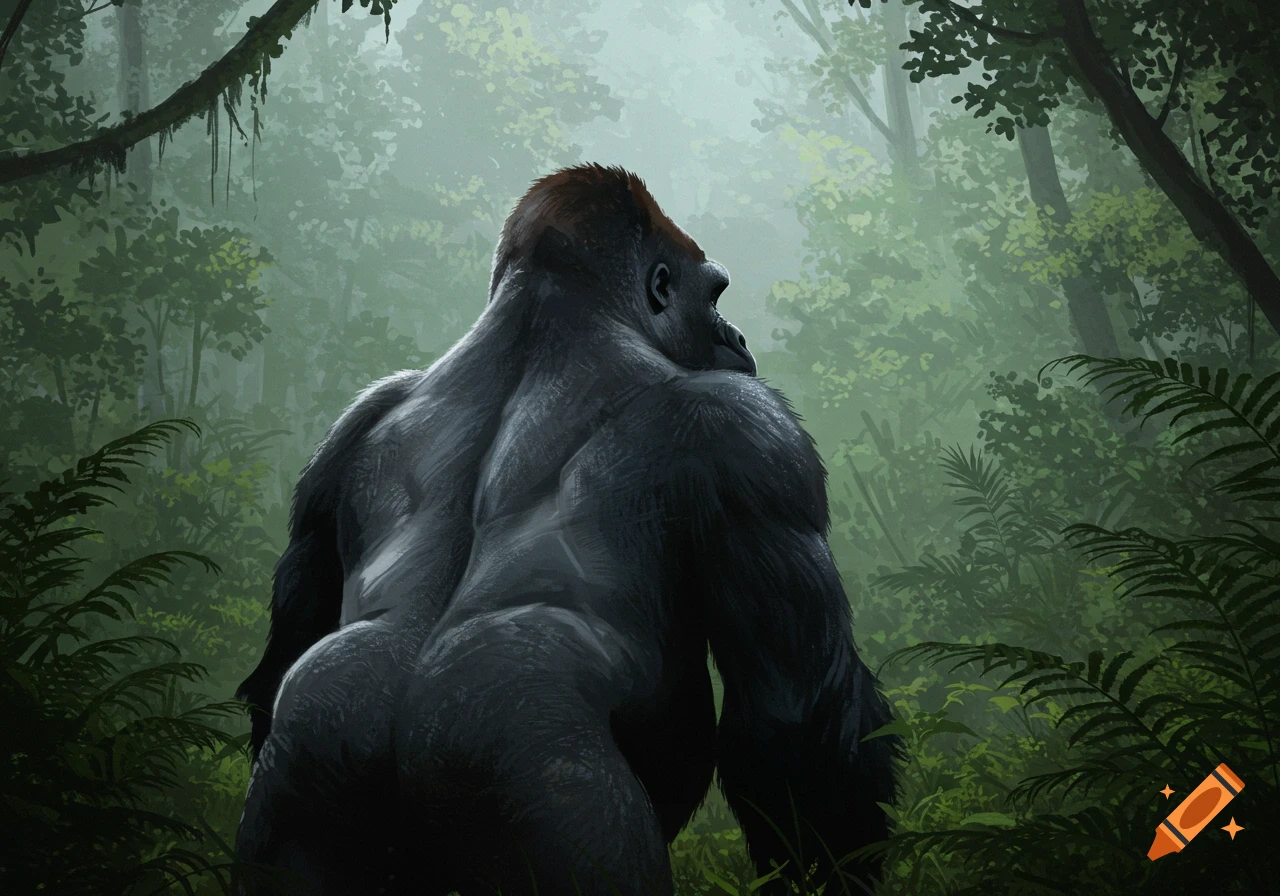 A powerful gorilla stands with its back to the viewer in a misty, lush jungle.