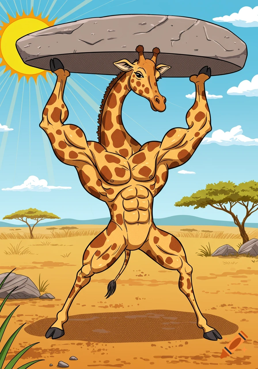 A muscular, anthropomorphic giraffe, in comic style, flexes as it holds a large boulder above its head in a savannah landscape.