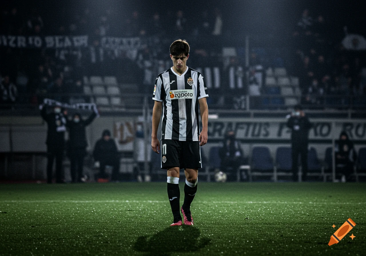 A young soccer player in a black and white striped jersey stands pensive on a dark, wet field under stadium lights.