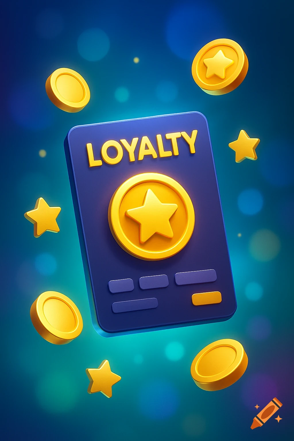 A stylized blue loyalty card with 'LOYALTY' text, surrounded by gold coins and stars on a bokeh background.