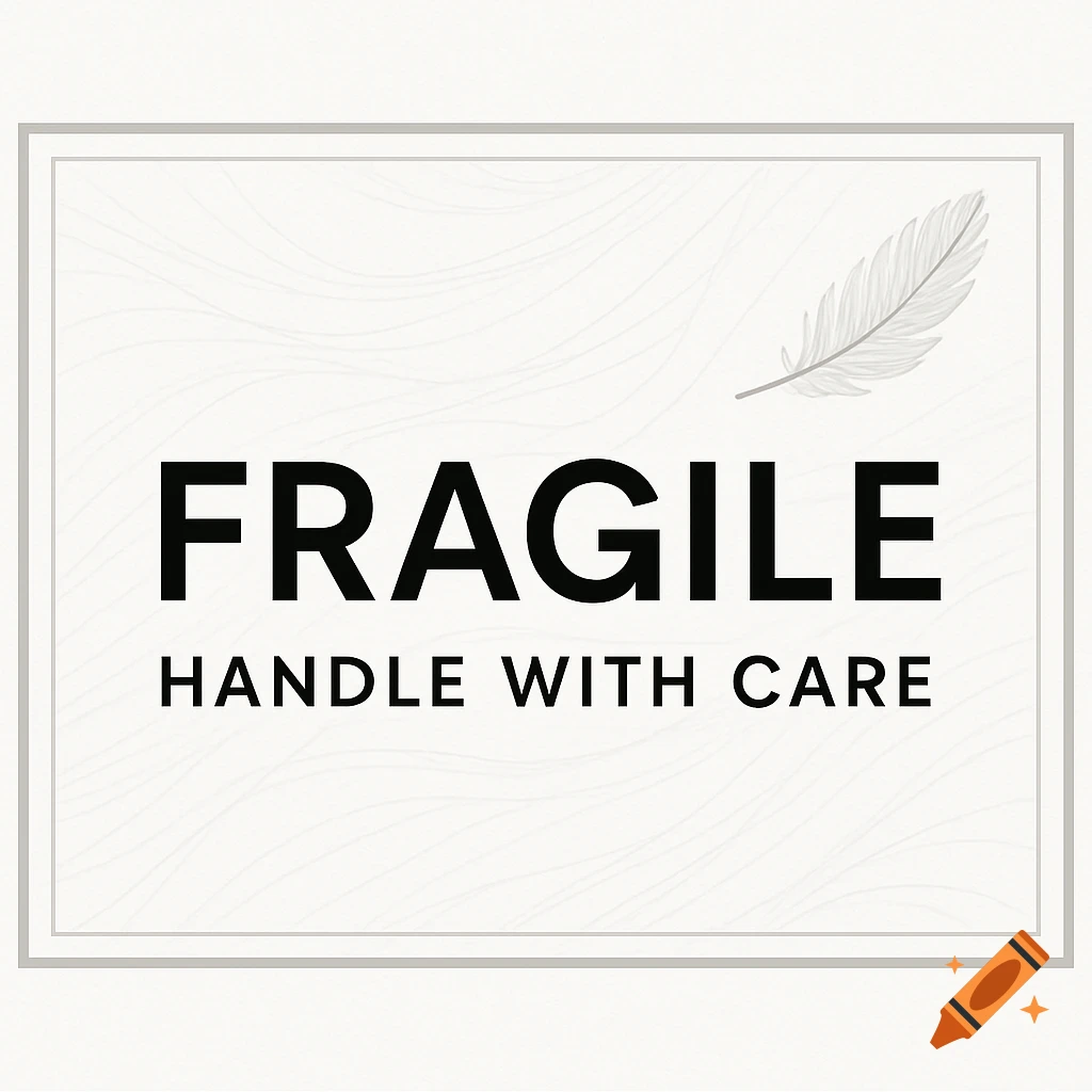 White shipping label with a gray border, a light gray feather graphic, and black text: FRAGILE HANDLE WITH CARE.