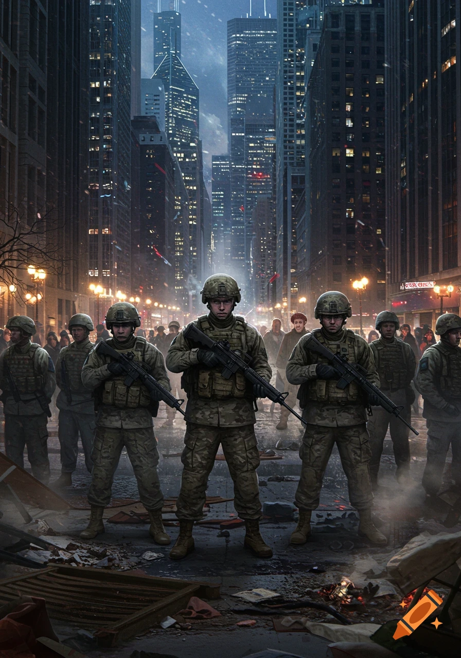 US Army soldiers in camouflage stand in formation on a debris-strewn street in a large city at night, illuminated by streetlights and skyscraper windows.