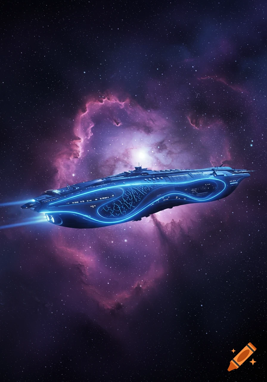 A sleek, glowing blue spaceship flies through a vibrant purple and pink nebula filled with stars.