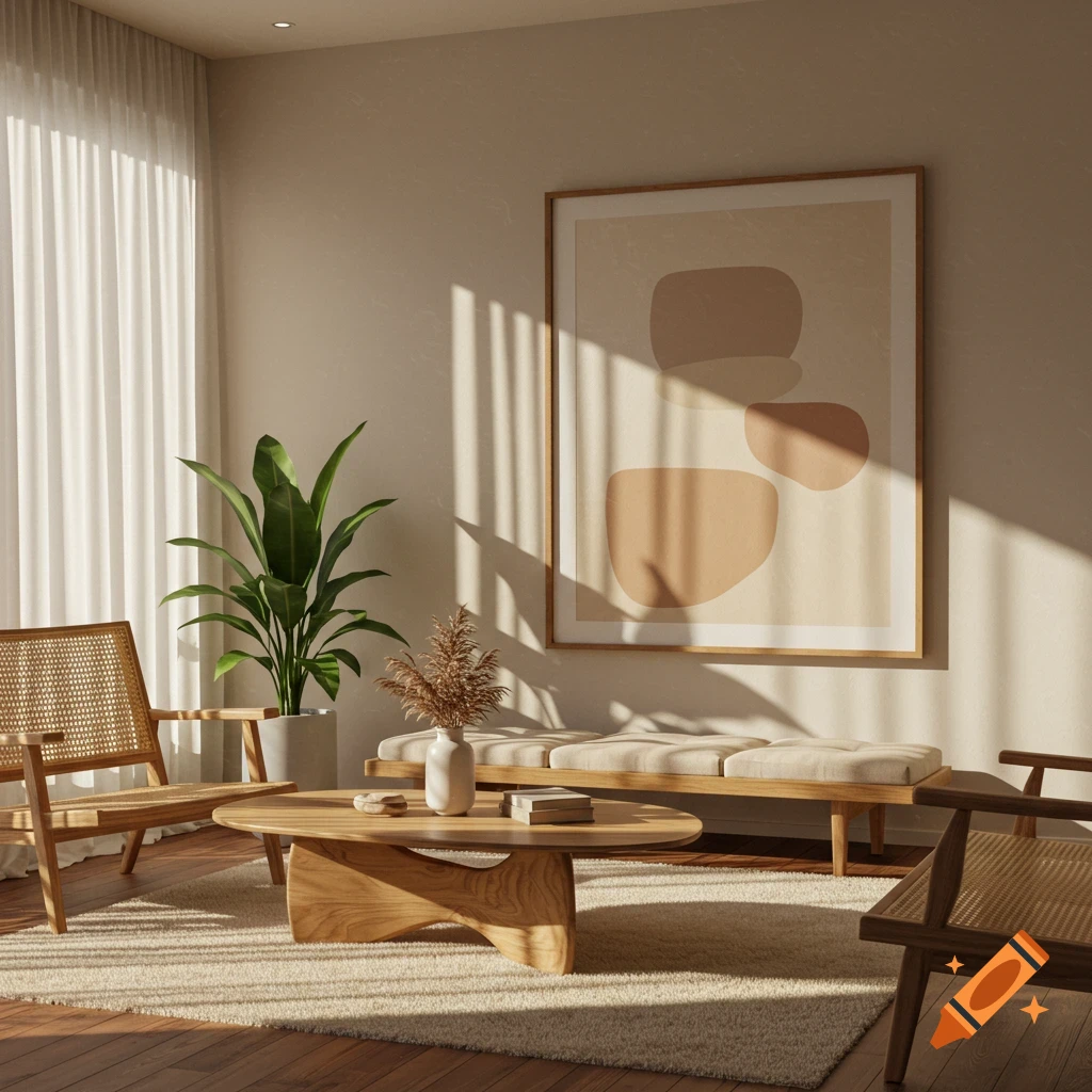A modern living room with a large abstract painting, a wooden coffee table, a plant, and sunlight streaming through sheer curtains.