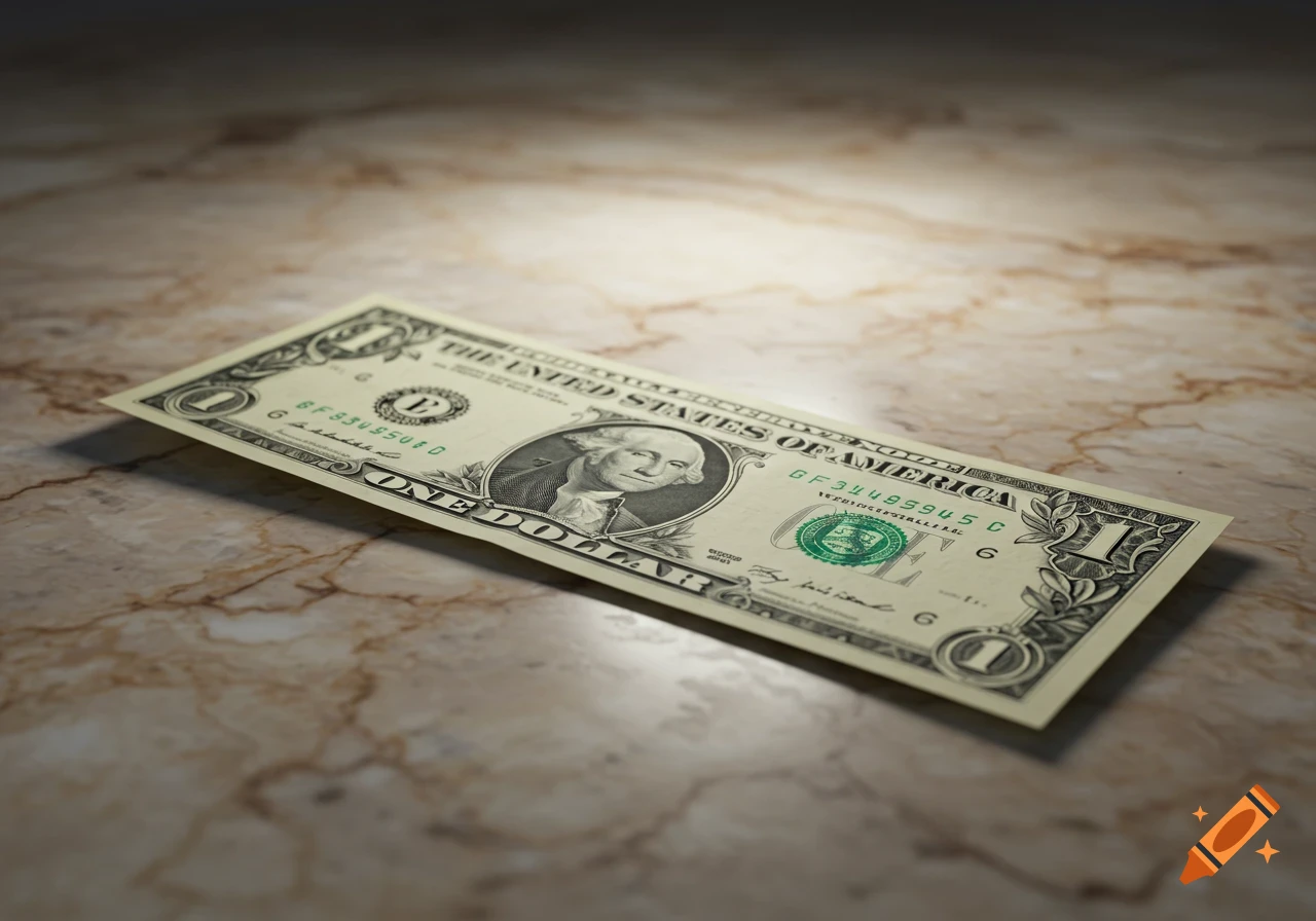 A close-up, photorealistic image of a US one-dollar bill lying on a marbled surface.