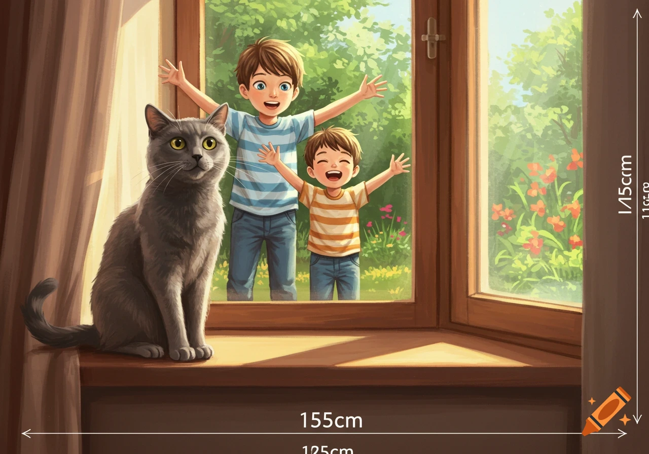 A gray cat sits on a sunlit windowsill, while two cheerful cartoon boys wave from the garden outside the window.