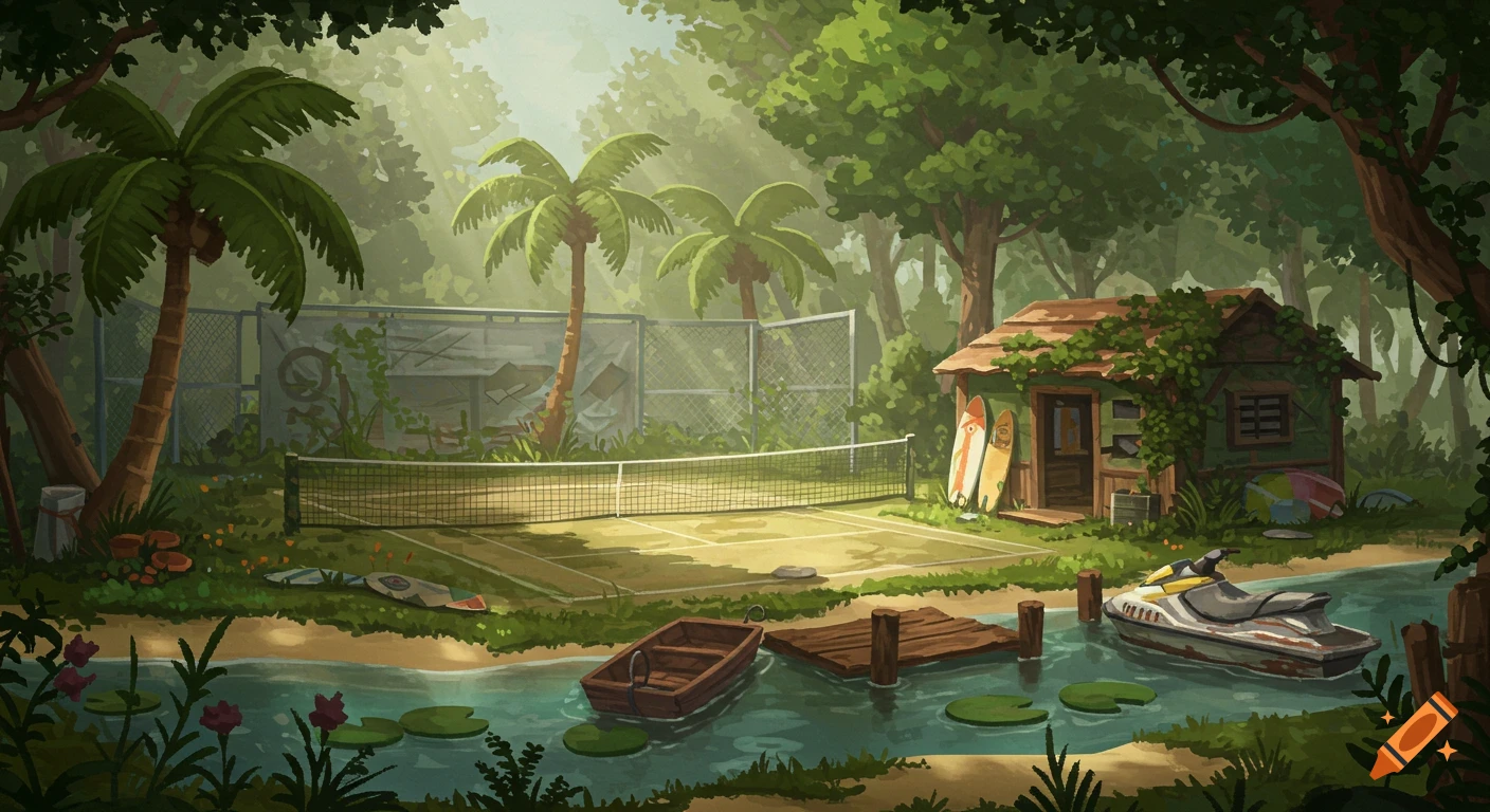 An overgrown tennis court and a small shack in a lush tropical forest, with a river featuring a boat, dock, and jet ski.