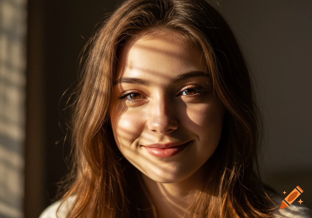 Close-up of a smiling young woman with long brown hair, her face dappled by sunlight and shadows.