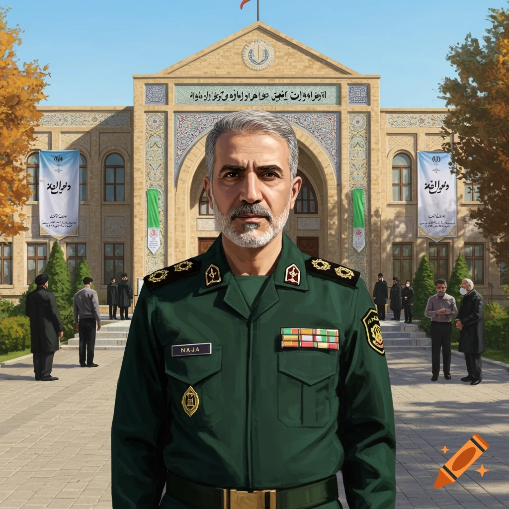 An illustrative portrait of a middle-aged man in an Iranian police uniform standing in front of a university building.