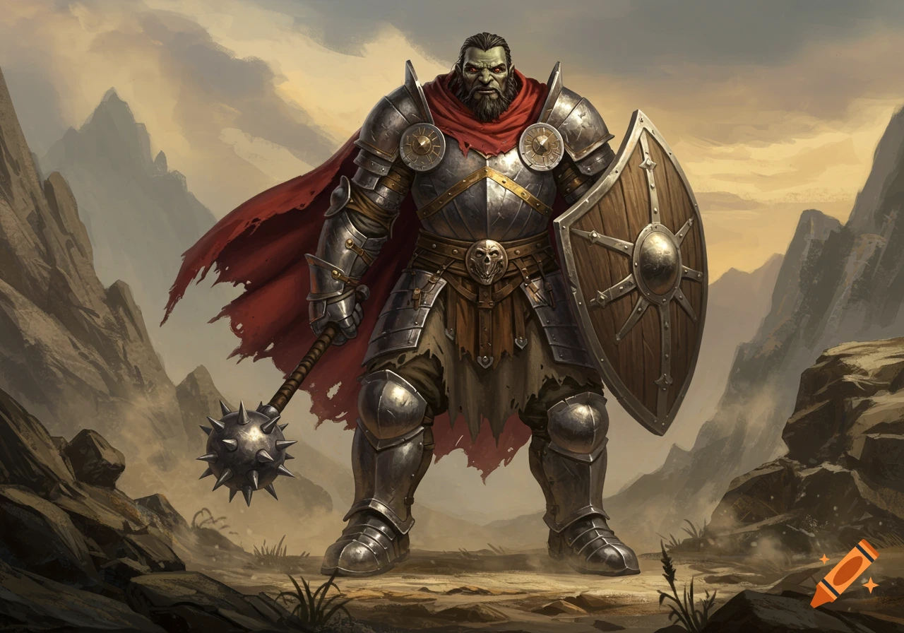 A goliath warrior in tarnished battle armor with a crimson cloak, wielding a mace and shield in a barren, mountainous landscape.