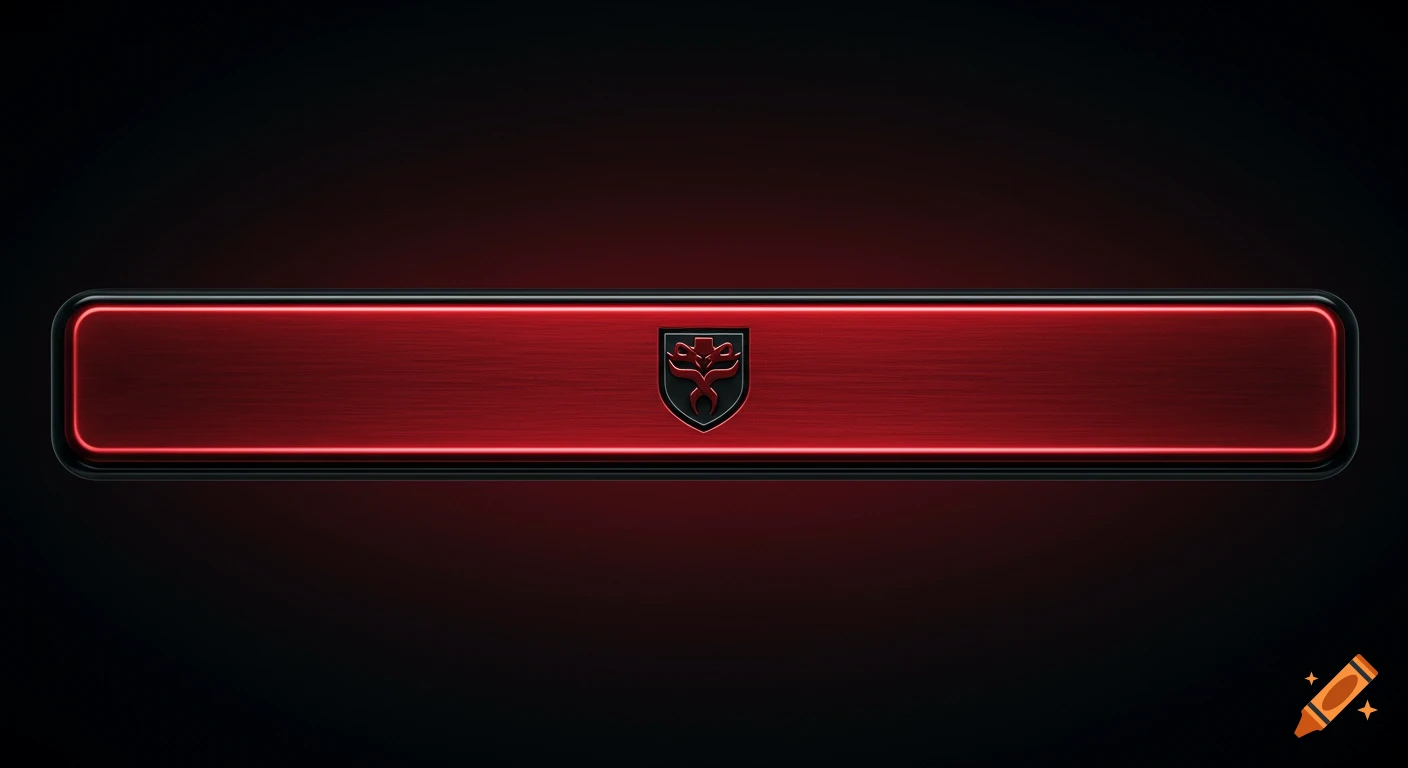 A dark metallic red horizontal bar with a black and red neon border, featuring a black shield badge with a red stylized emblem, against a dark background.