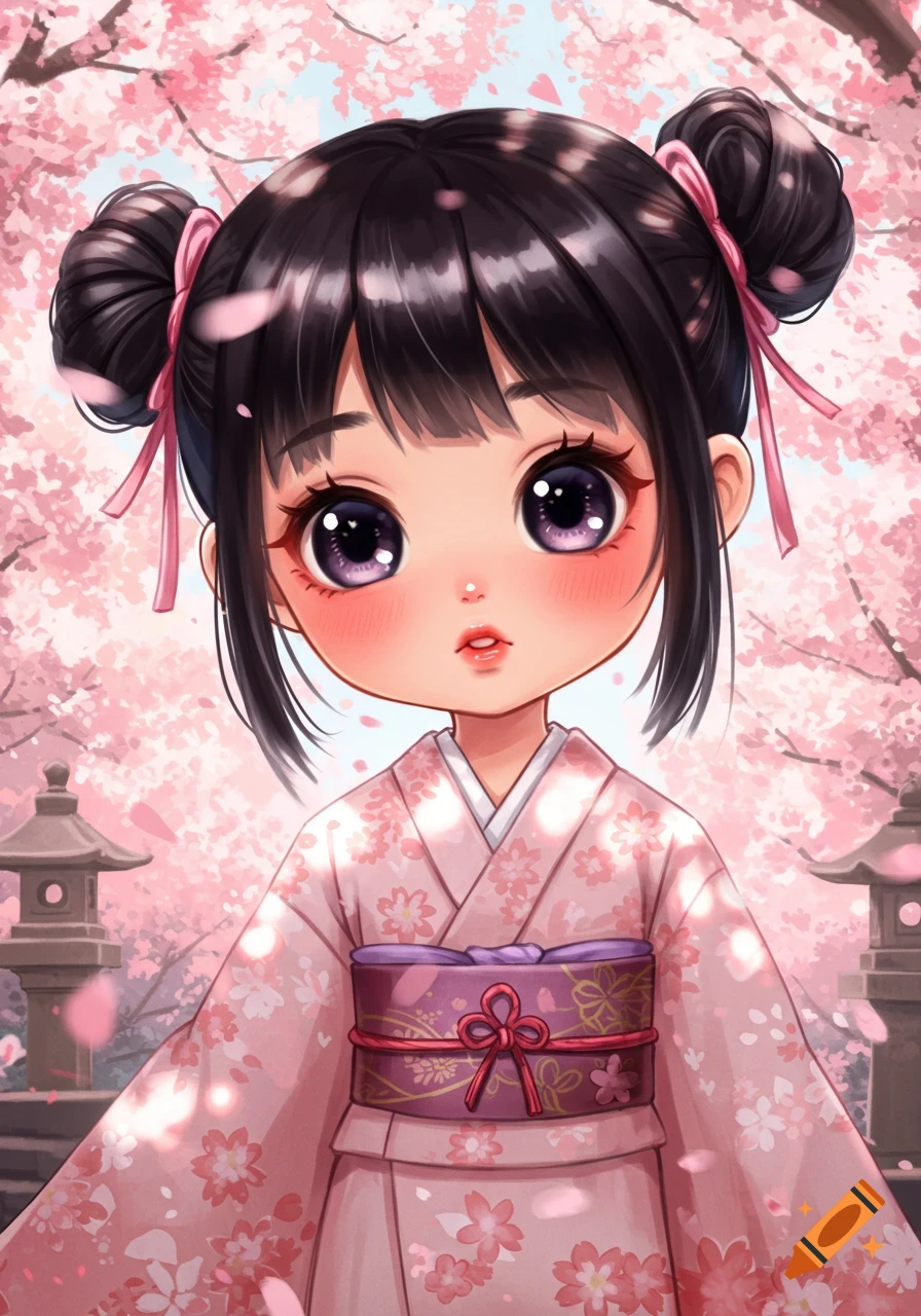 Chibi-style girl in a pink kimono with cherry blossoms, large purple eyes, and black hair buns, under blooming cherry trees.