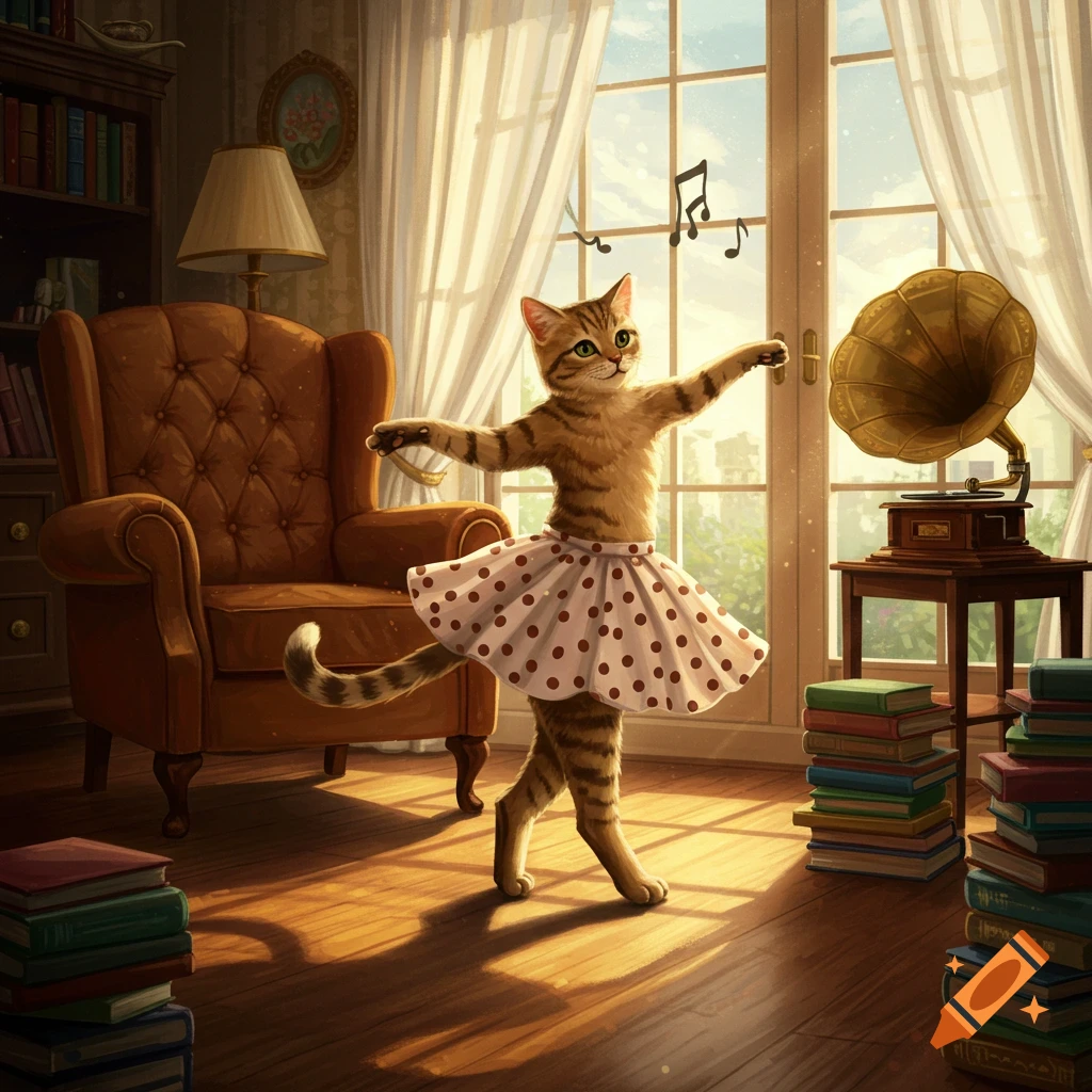A tabby cat wearing a white polka-dotted tutu dances gracefully in a sunlit room with a vintage gramophone and stacks of books.