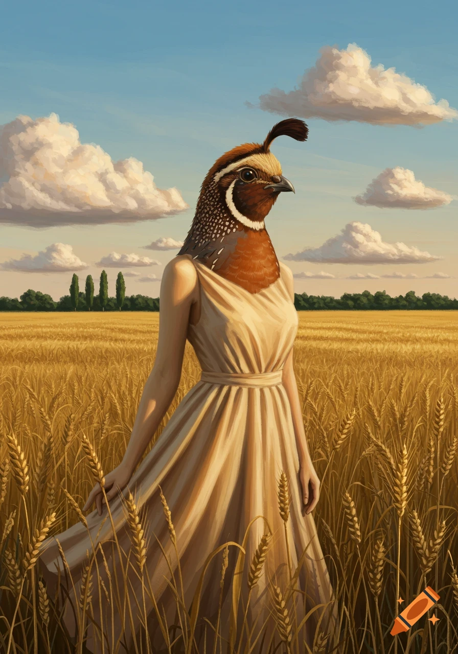 A surreal painting of a woman with a quail head in a dress standing in a golden wheat field under a blue sky.