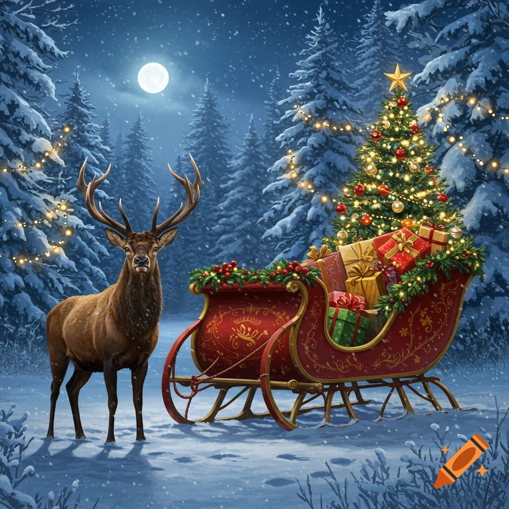A majestic deer stands next to a red sleigh overflowing with Christmas gifts and a decorated tree in a snowy forest under a full moon.