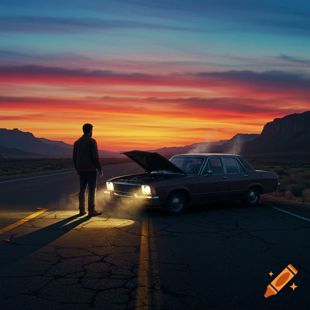 A man stands on a desert road at sunset, looking at the steaming engine of his broken-down car with the hood open. Photorealistic.