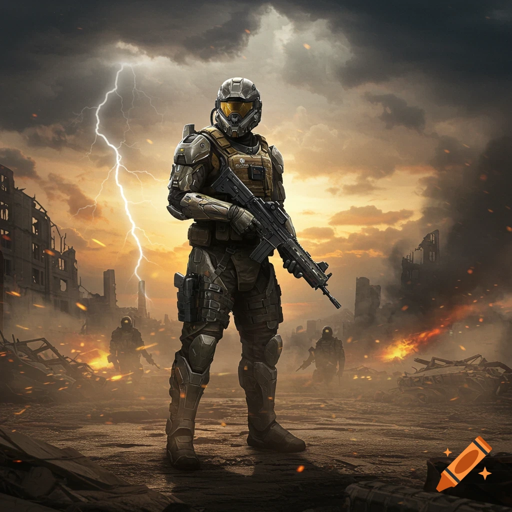 Futuristic soldier in combat armor holding a rifle amidst a destroyed city under a stormy sky with lightning.