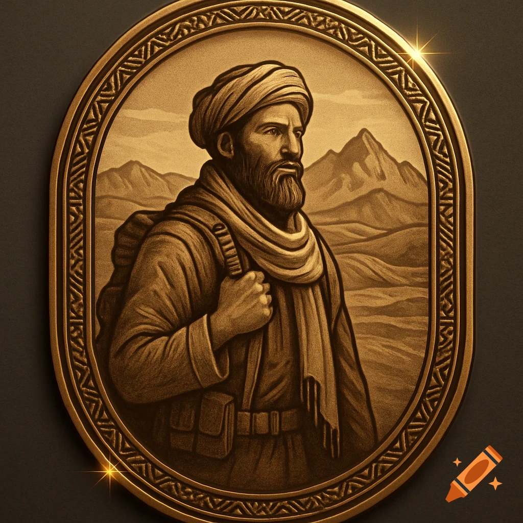 Gold oval medallion featuring a bearded man in a turban and traditional attire with a backpack against a desert mountain backdrop.
