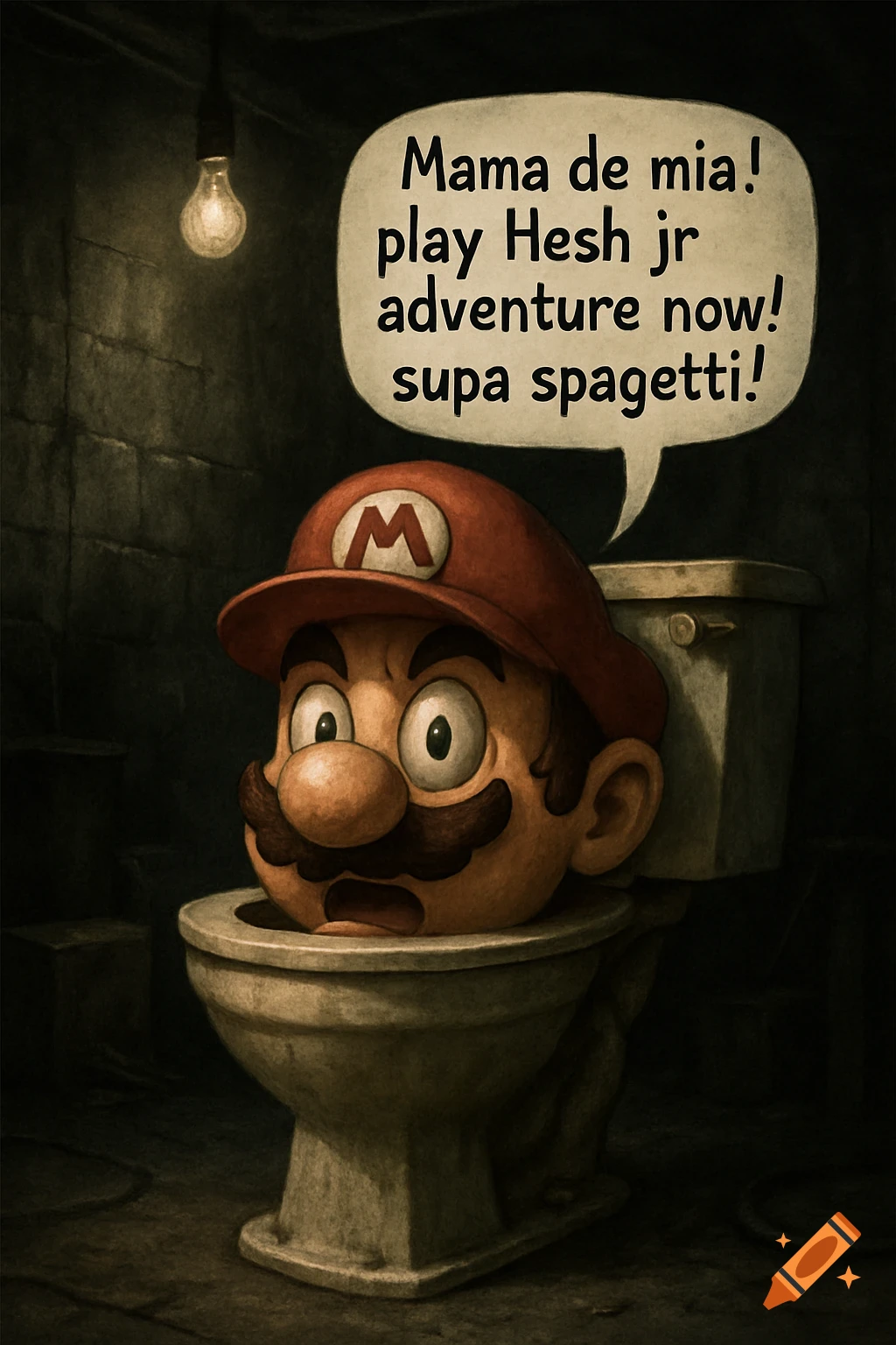 Mario's head, wearing a red hat, pops out of a toilet in a dark, dingy room, speaking 'Mama de mia! play Hesh jr adventure now! supa spagetti!'