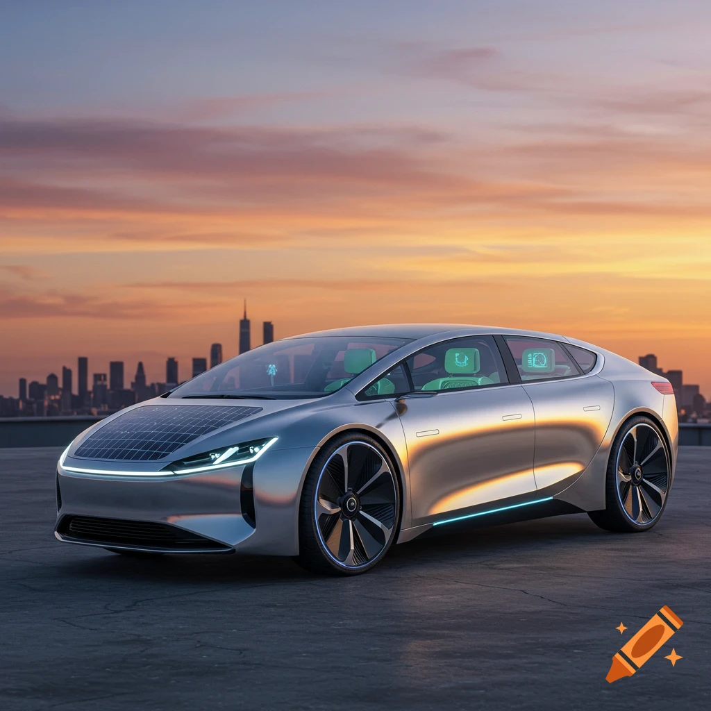A sleek, silver futuristic car with solar panels on its hood and glowing accents, parked on a rooftop against a city skyline at sunset.