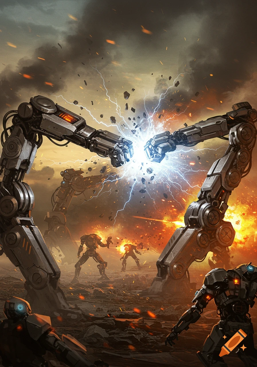 Giant robotic arms clash with lightning and explosions while smaller robots battle on a fiery, dystopian battlefield.