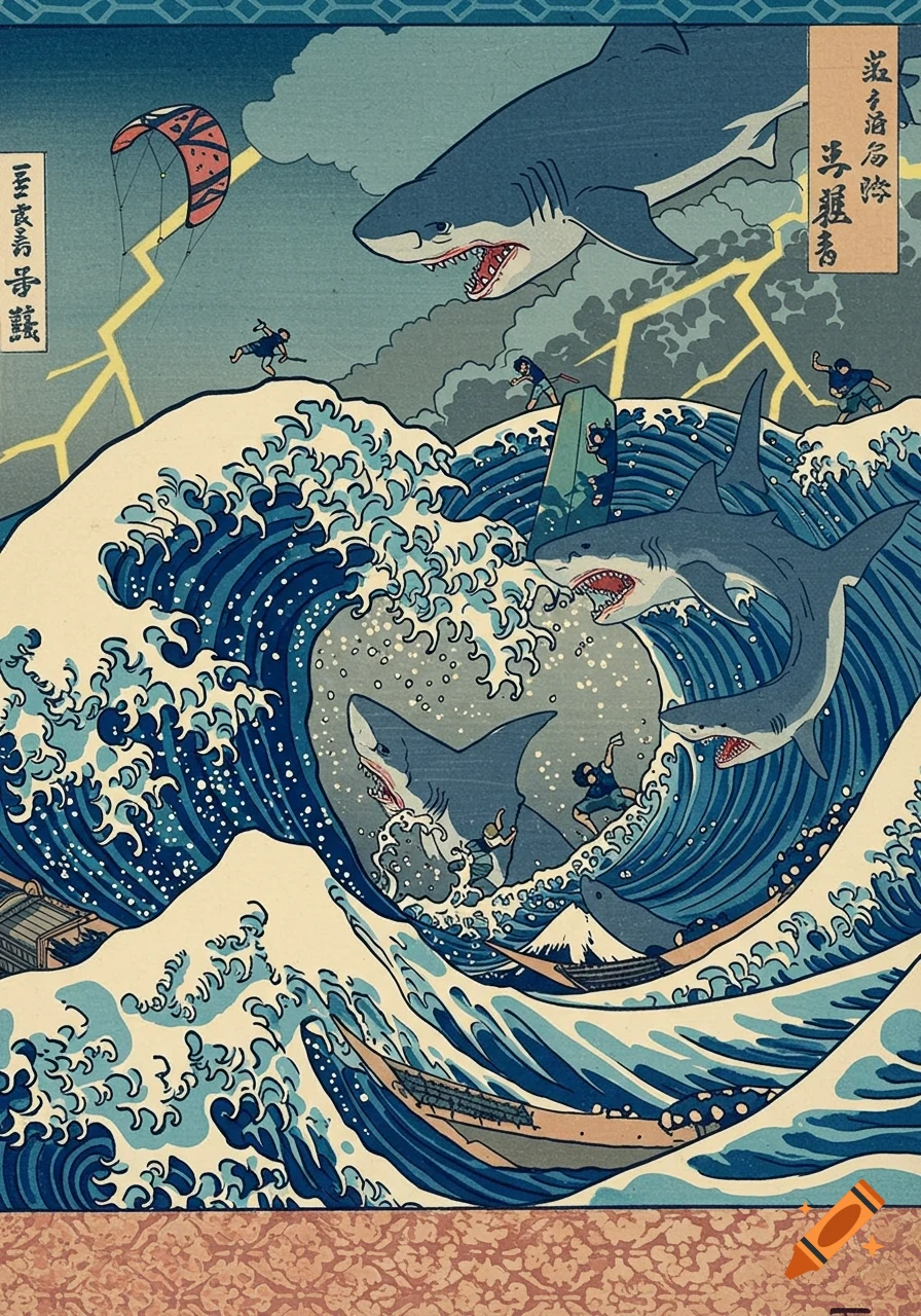 Ukiyo-e style artwork of sharks in giant waves, with tiny humans and a kite, similar to 'The Great Wave'.