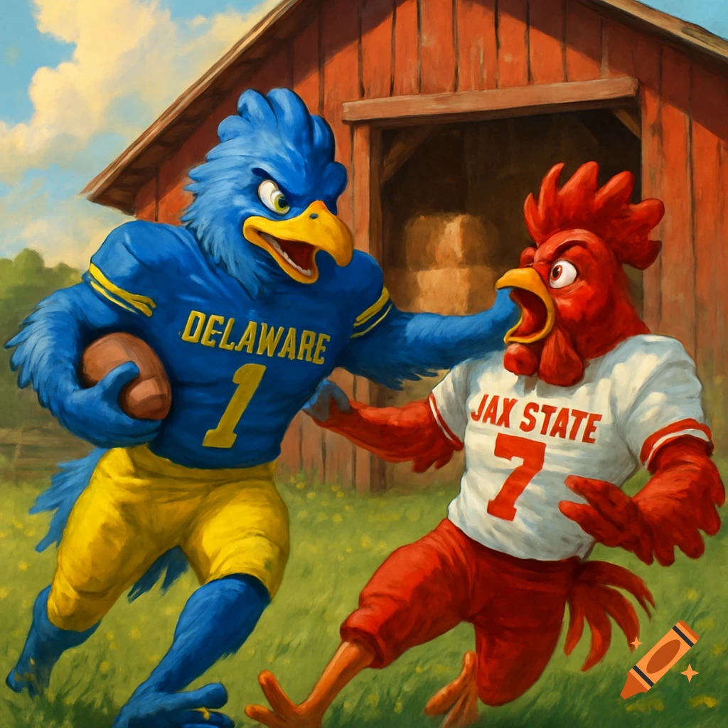 A blue bird mascot in a Delaware uniform stiff-arms a red rooster mascot in a Jax State uniform in front of a barn.
