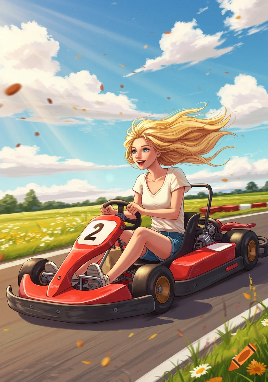 A blonde woman with flowing hair smiles while driving a red go-kart with the number 2 on a sunny race track. Illustrated style.