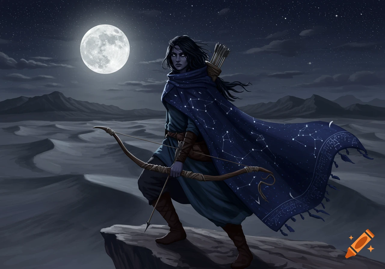 A dark-skinned female archer with a star-patterned cloak stands on a rock at night under a full moon, in a desert landscape.