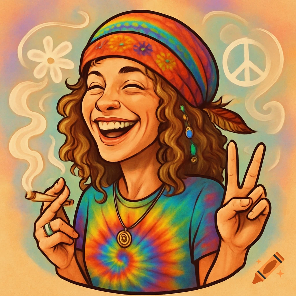 Smiling female hippy cartoon character in a tie-dye shirt and bandana, holding a joint, making a peace sign, with a background peace symbol.