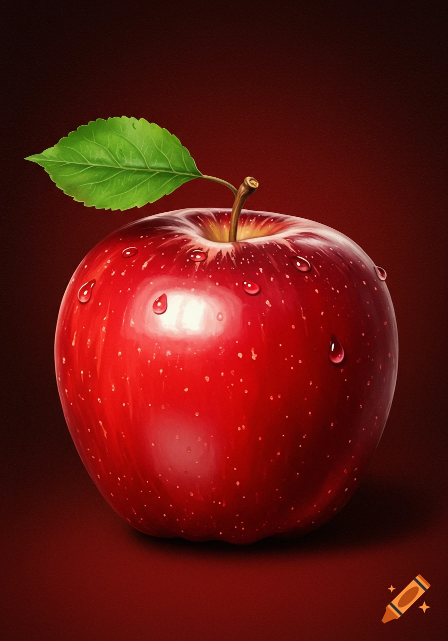 A vibrant, wet red apple with a green leaf on a dark red background.