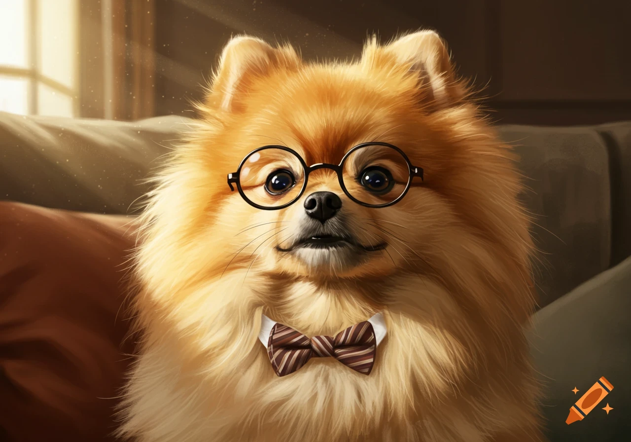 Digital art portrait of a fluffy Pomeranian dog wearing round glasses and a striped bow tie, looking intelligent.