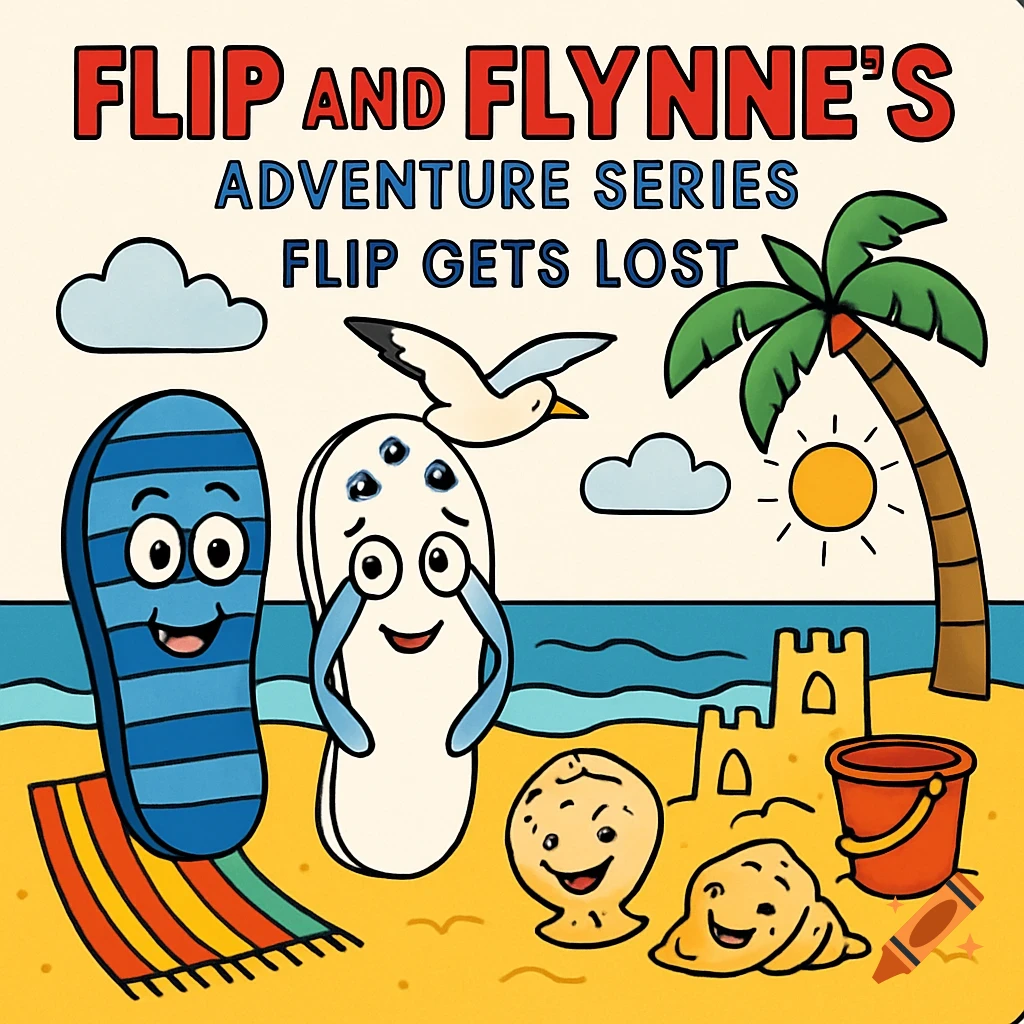 Cartoon illustration of two smiling flip-flops on a beach with a sandcastle and palm tree. Title: Flip and Flynne's Adventure Series: Flip Gets Lost.