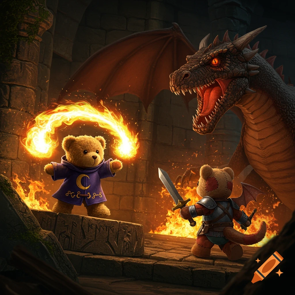 A teddy bear mage casts fire magic at a roaring dragon, while a teddy bear warrior with a sword stands ready in a dungeon.