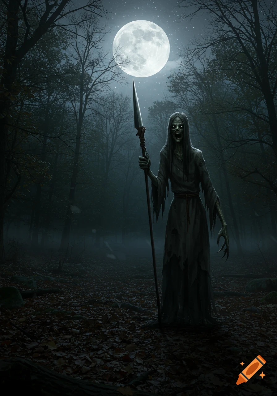 A ghoulish, pale figure with glowing eyes and clawed hands stands in a dark, misty forest, holding a spear under a full moon.