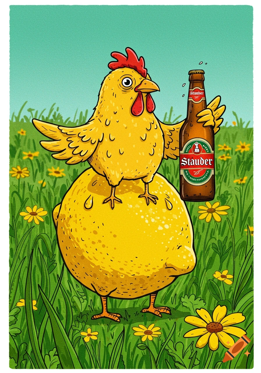 A cartoon chicken with a lemon-shaped body stands in a grassy field with yellow flowers, holding a Stauder beer bottle.