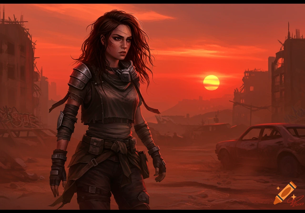 Digital illustration of a determined woman in armor standing in a ruined, post-apocalyptic city under a fiery red sunset.